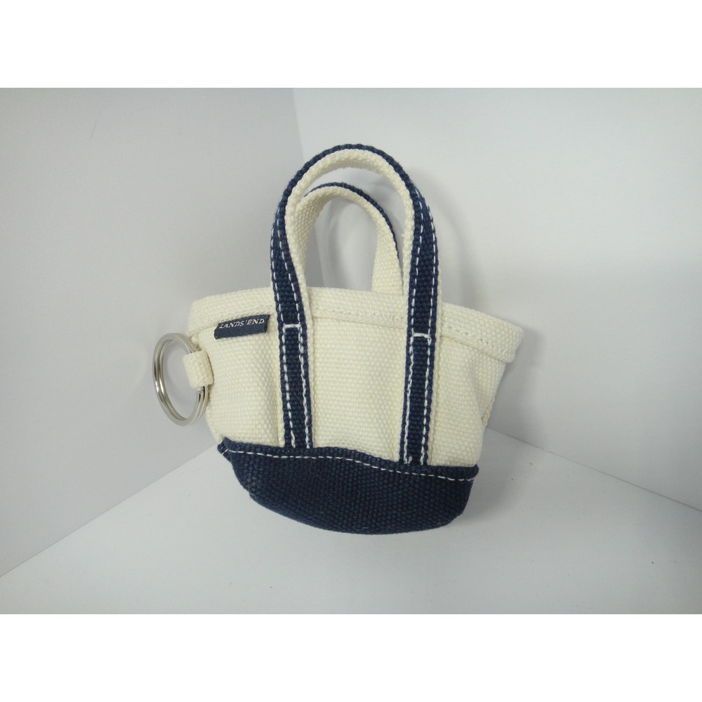 Lands End Mini Canvas Tote Bag Keychain Navy Blue Cream Nautical Bag Charm EUC